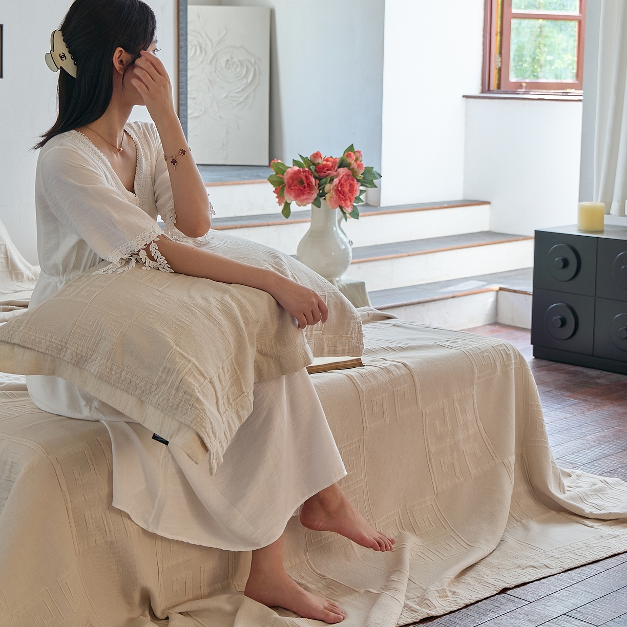 91家纺网 家纺一手货源 找家纺 （总）沐瑟家纺 2025新款全棉纱布双层纱床盖三件套床盖