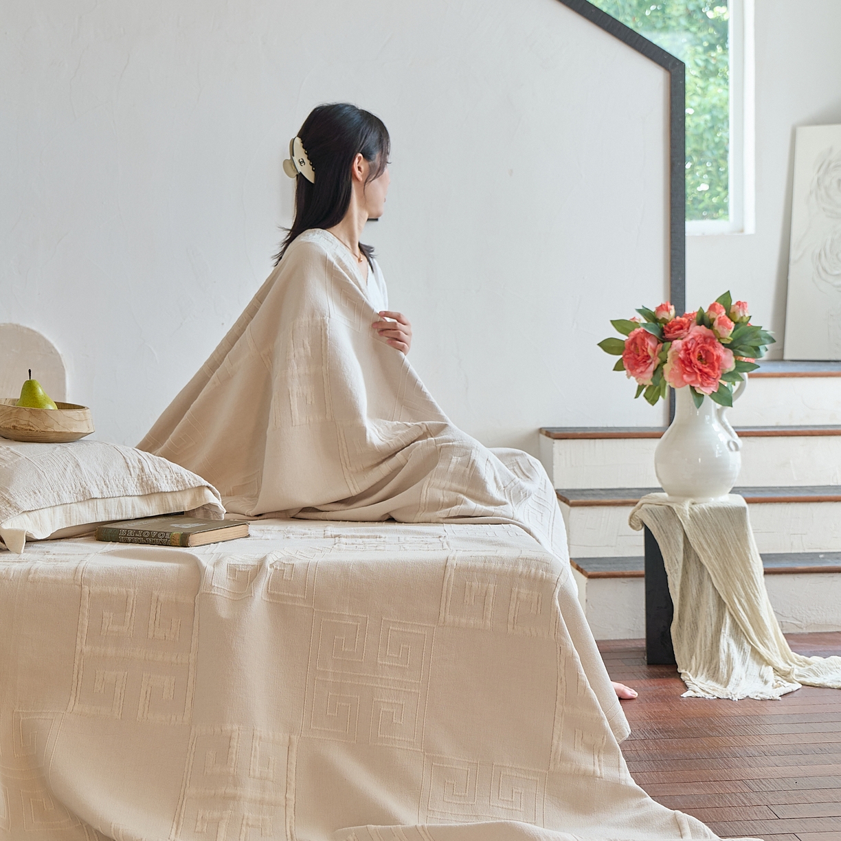 91家纺网 家纺一手货源 找家纺 （总）沐瑟家纺 2025新款全棉纱布双层纱床盖三件套床盖