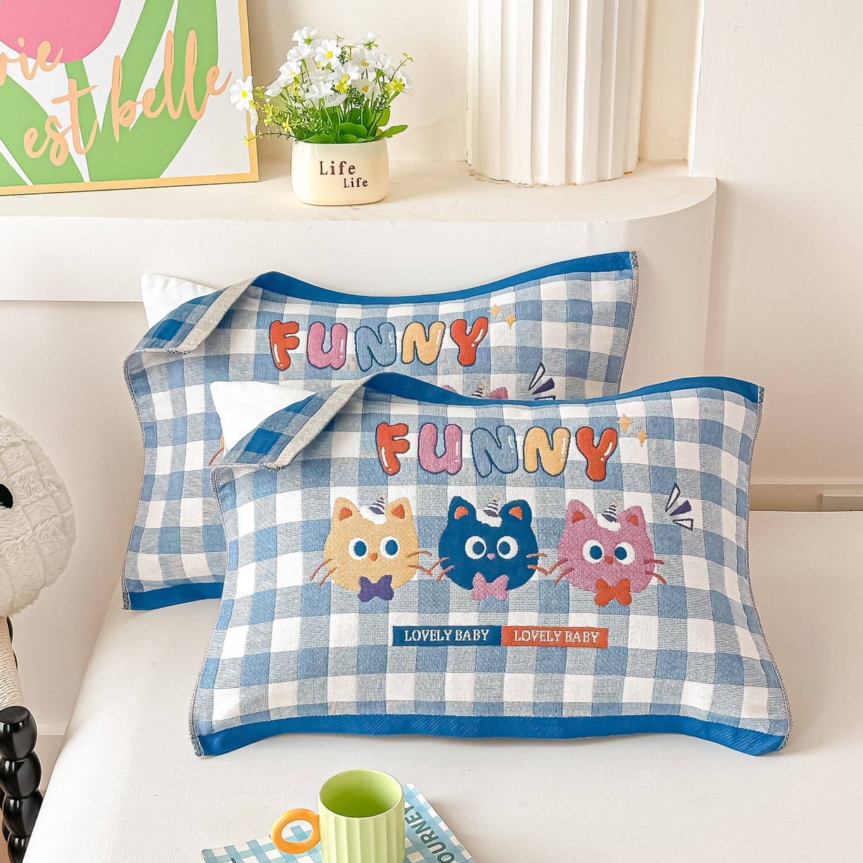 沐瑟家纺 2025新款绵柔儿童纯棉纱布儿童枕巾 兰格甜心