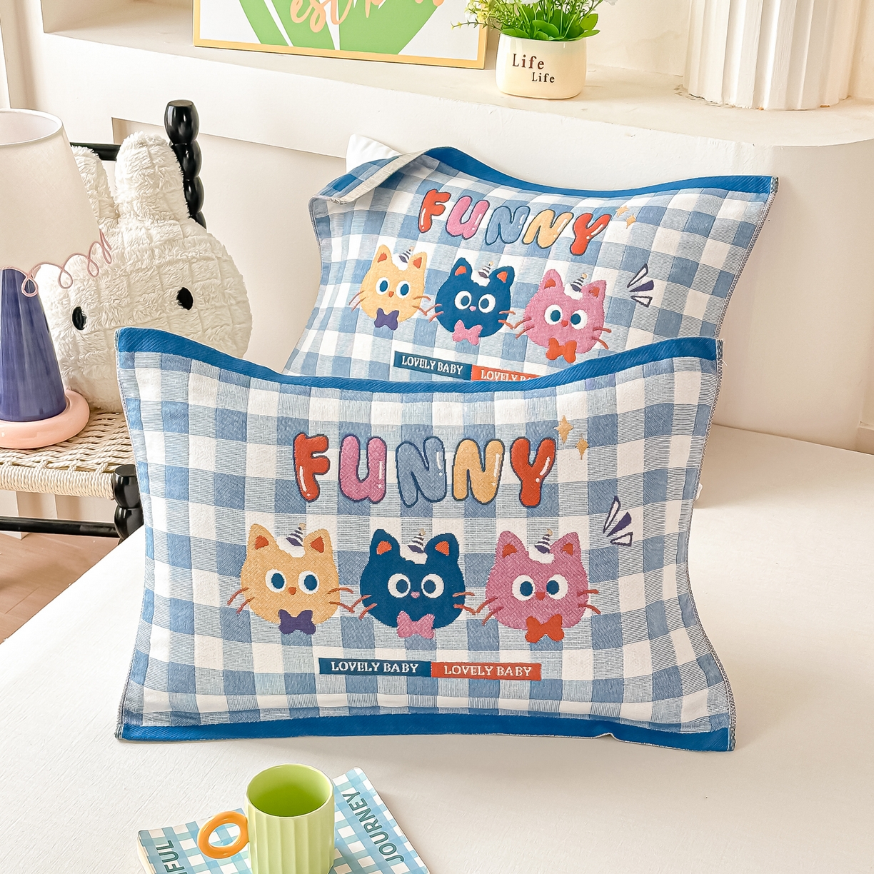 91家纺网 家纺一手货源 找家纺 沐瑟家纺 2025新款绵柔儿童纯棉纱布儿童枕巾 兰格甜心