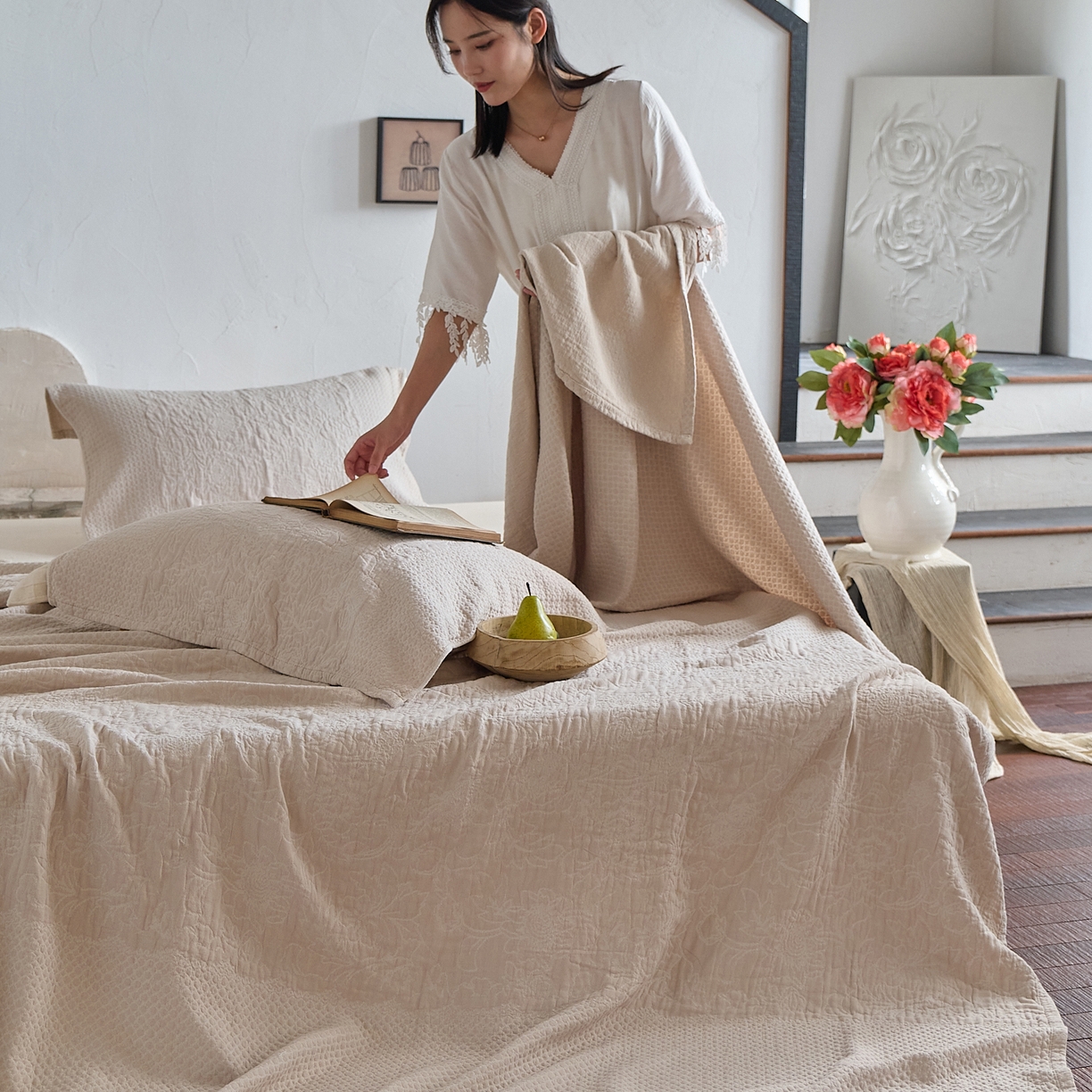 91家纺网 家纺一手货源 找家纺 （总）沐瑟家纺 2025新款全棉纱布双层纱床盖三件套床盖