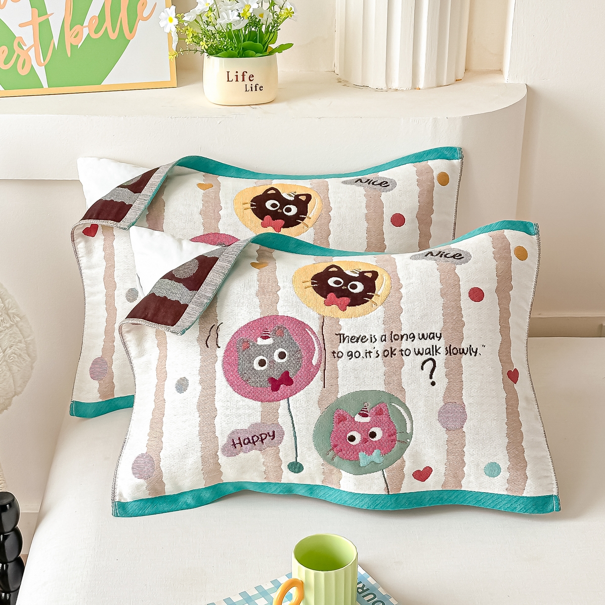 沐瑟家纺 2025新款绵柔儿童纯棉纱布儿童枕巾 气球猫咪