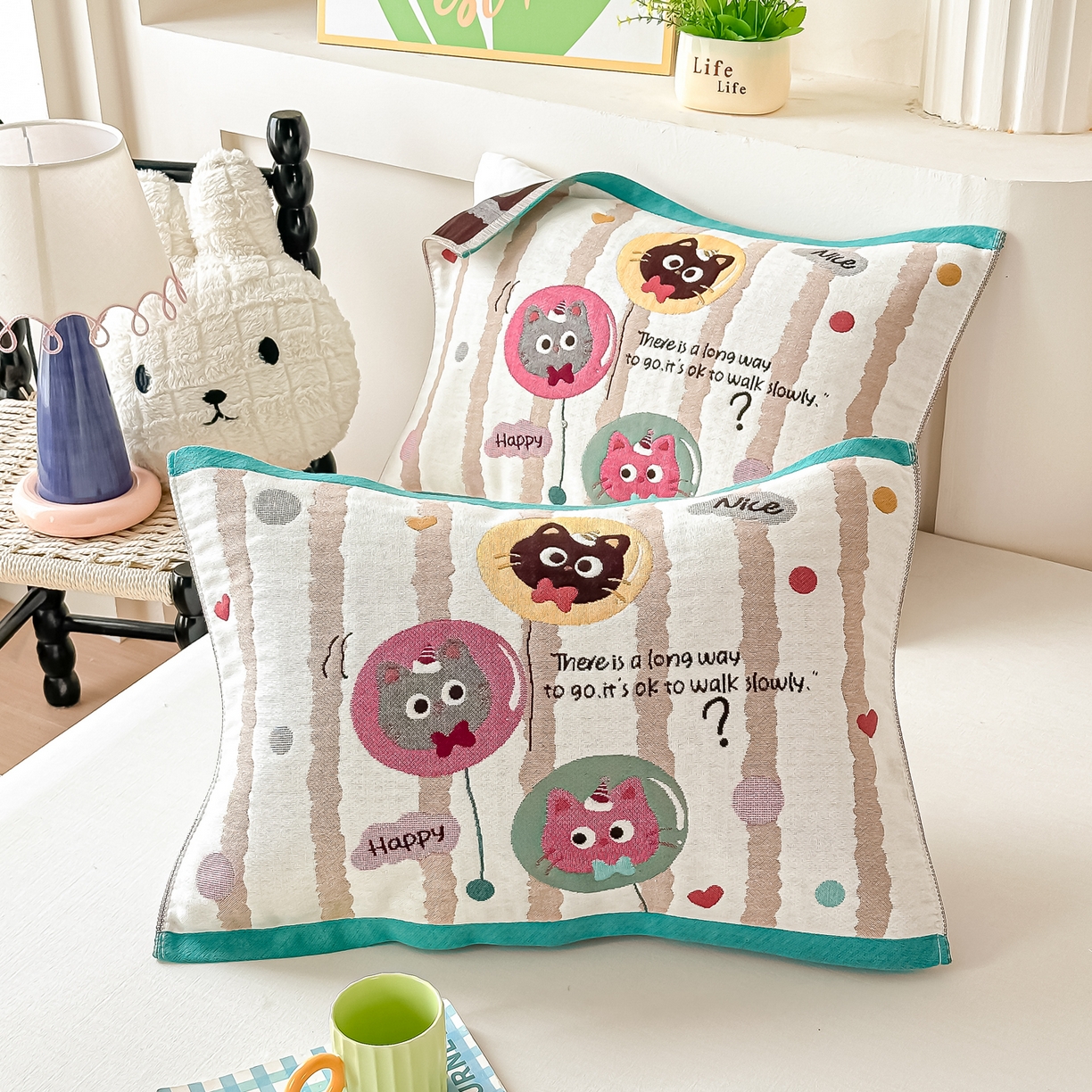 91家纺网 家纺一手货源 找家纺 沐瑟家纺 2025新款绵柔儿童纯棉纱布儿童枕巾 气球猫咪