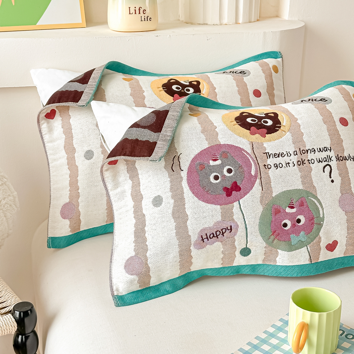 91家纺网 家纺一手货源 找家纺 沐瑟家纺 2025新款绵柔儿童纯棉纱布儿童枕巾 气球猫咪