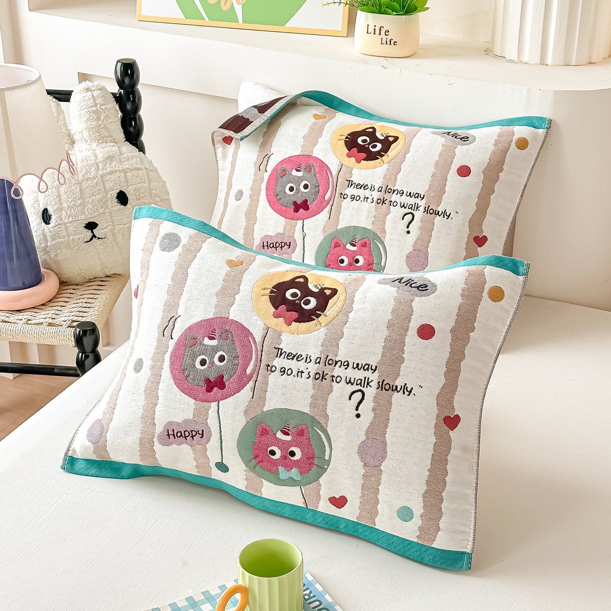 91家纺网 家纺一手货源 找家纺 沐瑟家纺 2025新款绵柔儿童纯棉纱布儿童枕巾 气球猫咪