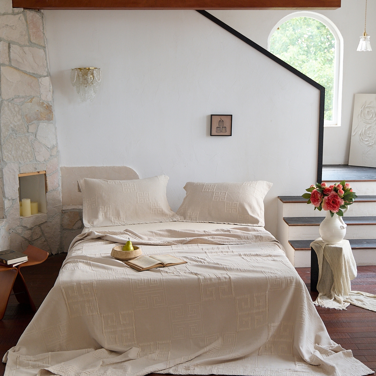 91家纺网 家纺一手货源 找家纺 沐瑟家纺 2025新款全棉纱布双层纱床盖三件套床盖 纪梵希本色