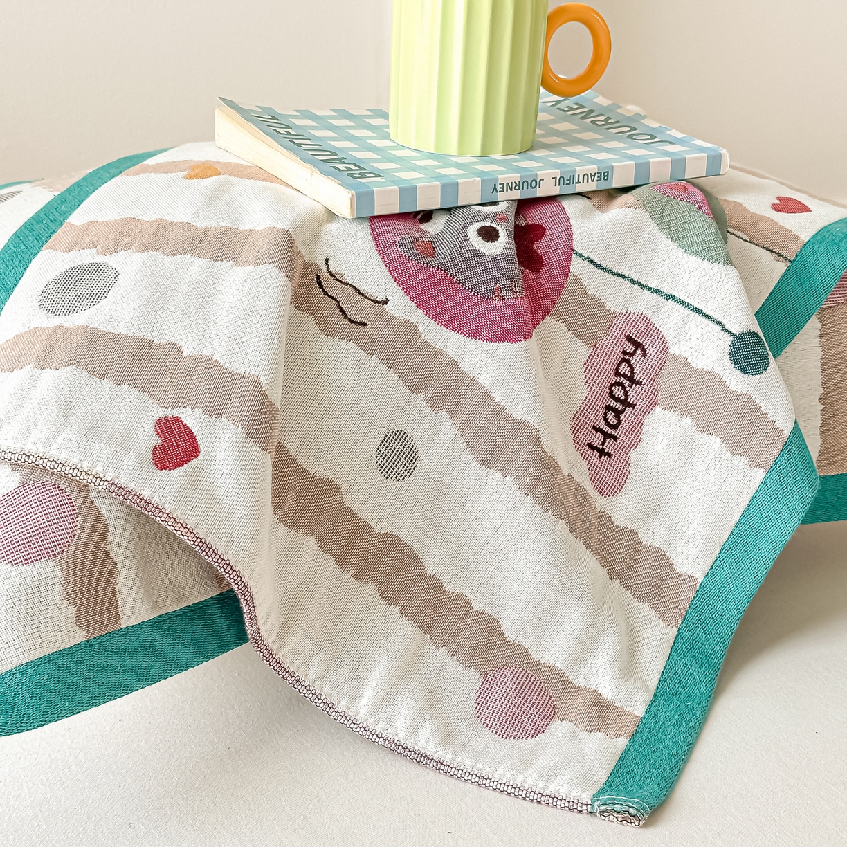 91家纺网 家纺一手货源 找家纺 沐瑟家纺 2025新款绵柔儿童纯棉纱布儿童枕巾 气球猫咪