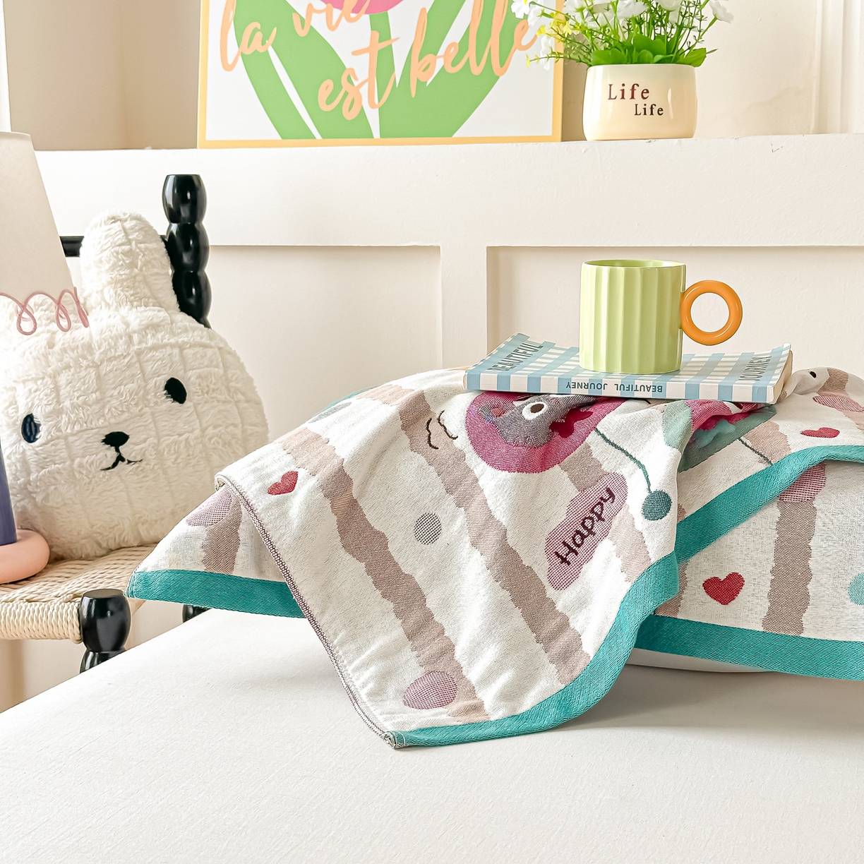 91家纺网 家纺一手货源 找家纺 沐瑟家纺 2025新款绵柔儿童纯棉纱布儿童枕巾 气球猫咪