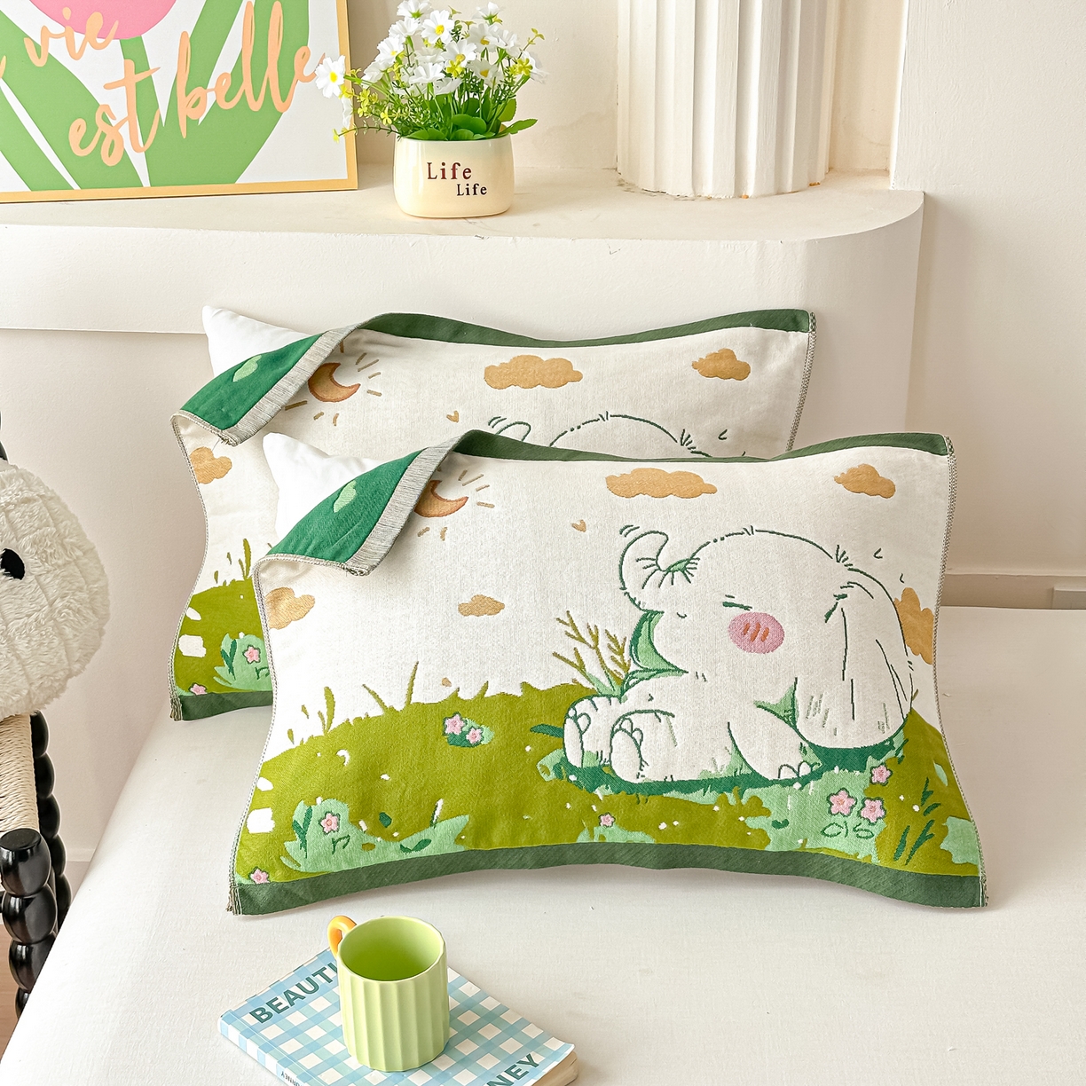 沐瑟家纺 2025新款绵柔儿童纯棉纱布儿童枕巾 天空小象