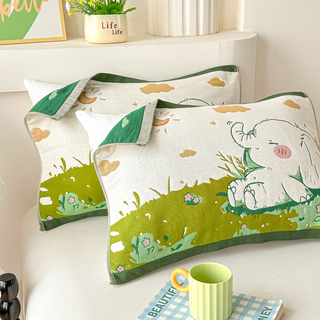 91家纺网 家纺一手货源 找家纺 沐瑟家纺 2025新款绵柔儿童纯棉纱布儿童枕巾 天空小象