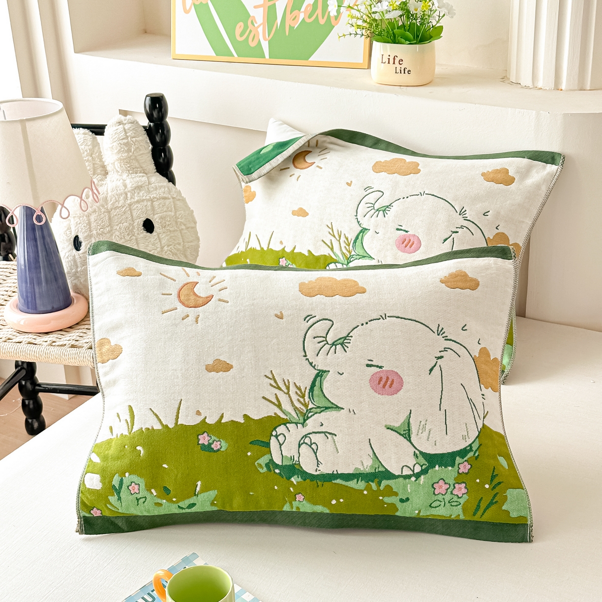 91家纺网 家纺一手货源 找家纺 沐瑟家纺 2025新款绵柔儿童纯棉纱布儿童枕巾 天空小象