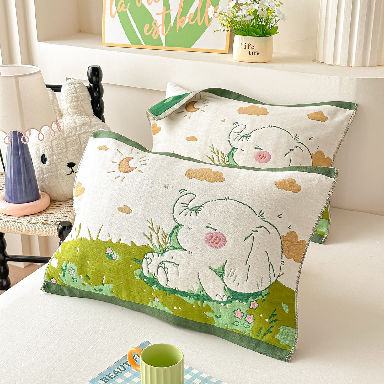 91家纺网 家纺一手货源 找家纺 沐瑟家纺 2025新款绵柔儿童纯棉纱布儿童枕巾 天空小象