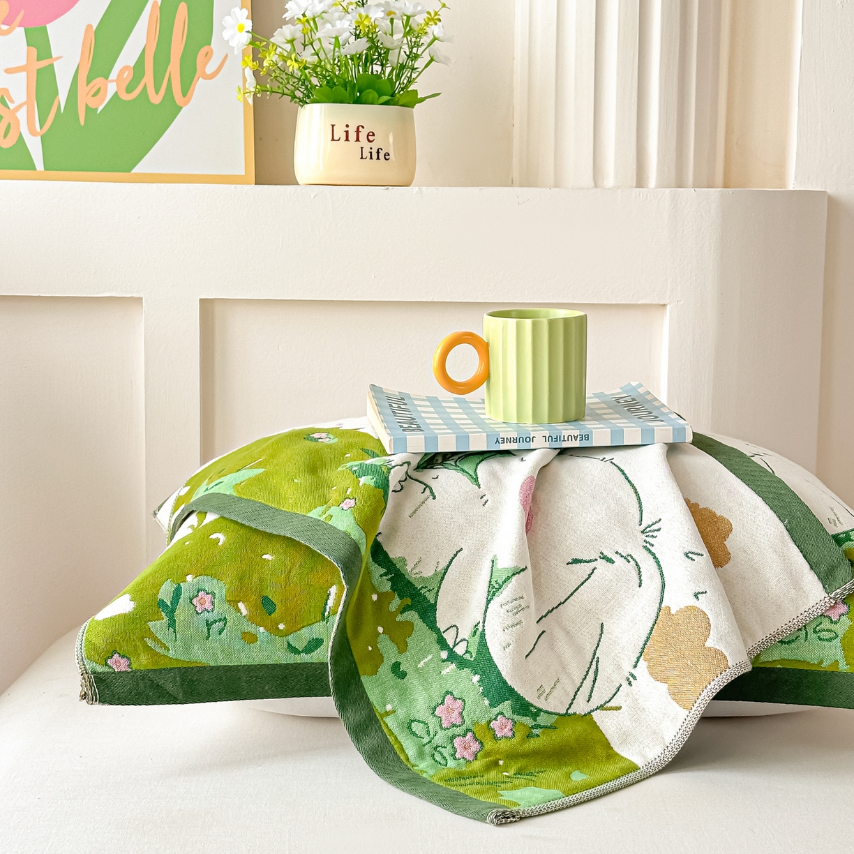 91家纺网 家纺一手货源 找家纺 沐瑟家纺 2025新款绵柔儿童纯棉纱布儿童枕巾 天空小象