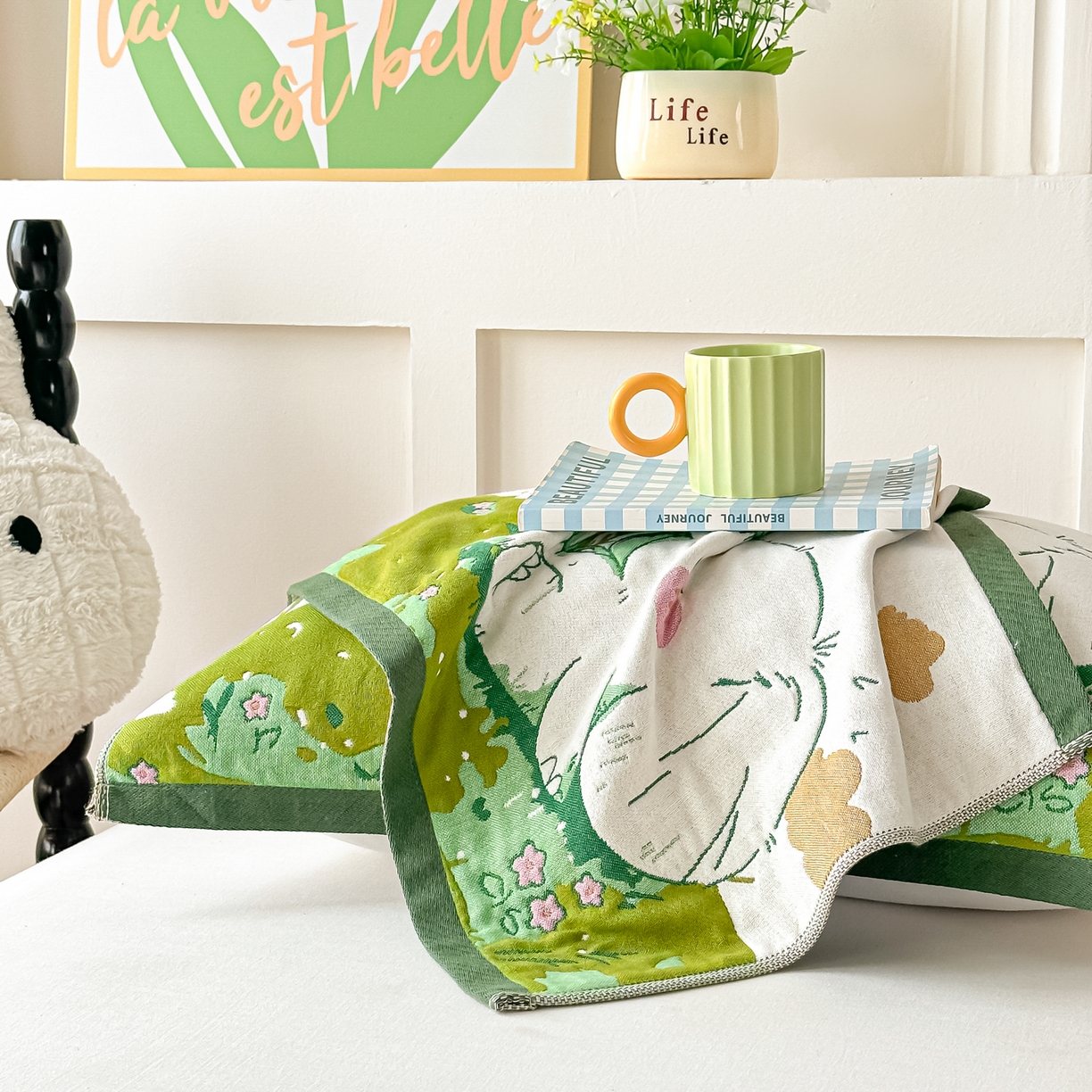 91家纺网 家纺一手货源 找家纺 沐瑟家纺 2025新款绵柔儿童纯棉纱布儿童枕巾 天空小象