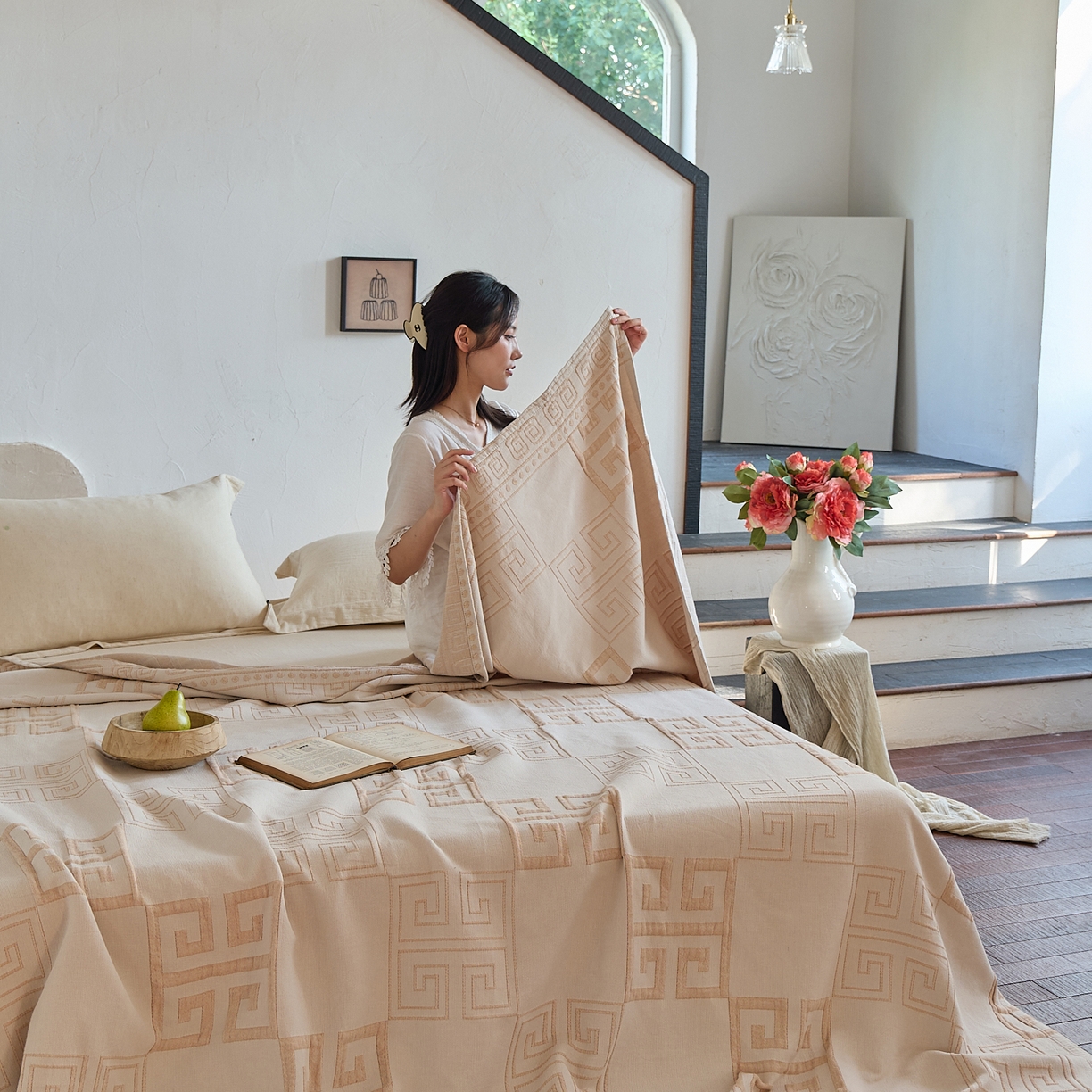 91家纺网 家纺一手货源 找家纺 沐瑟家纺 2025新款全棉纱布双层纱床盖三件套床盖 纪梵希咖色