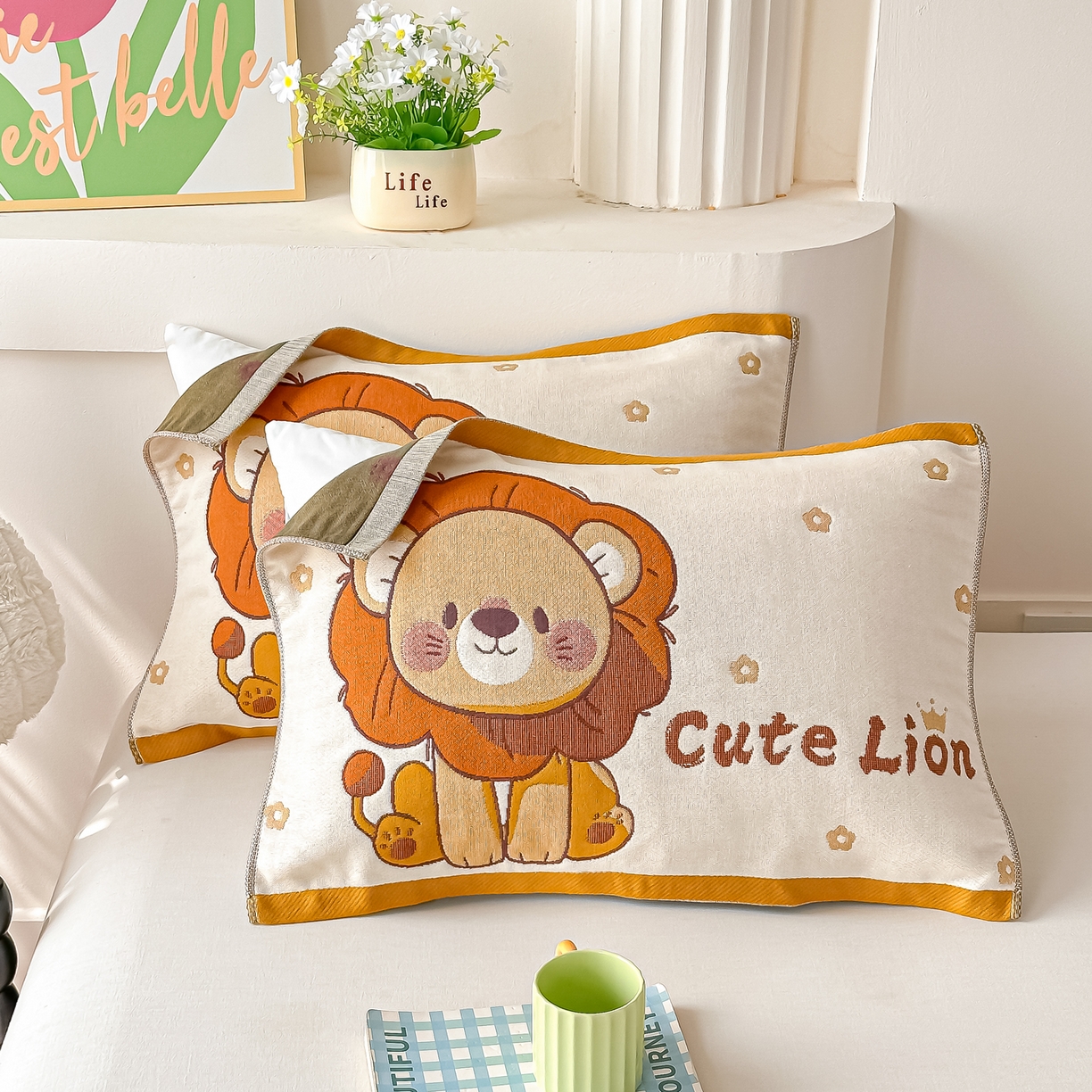 沐瑟家纺 2025新款绵柔儿童纯棉纱布儿童枕巾 小狮子