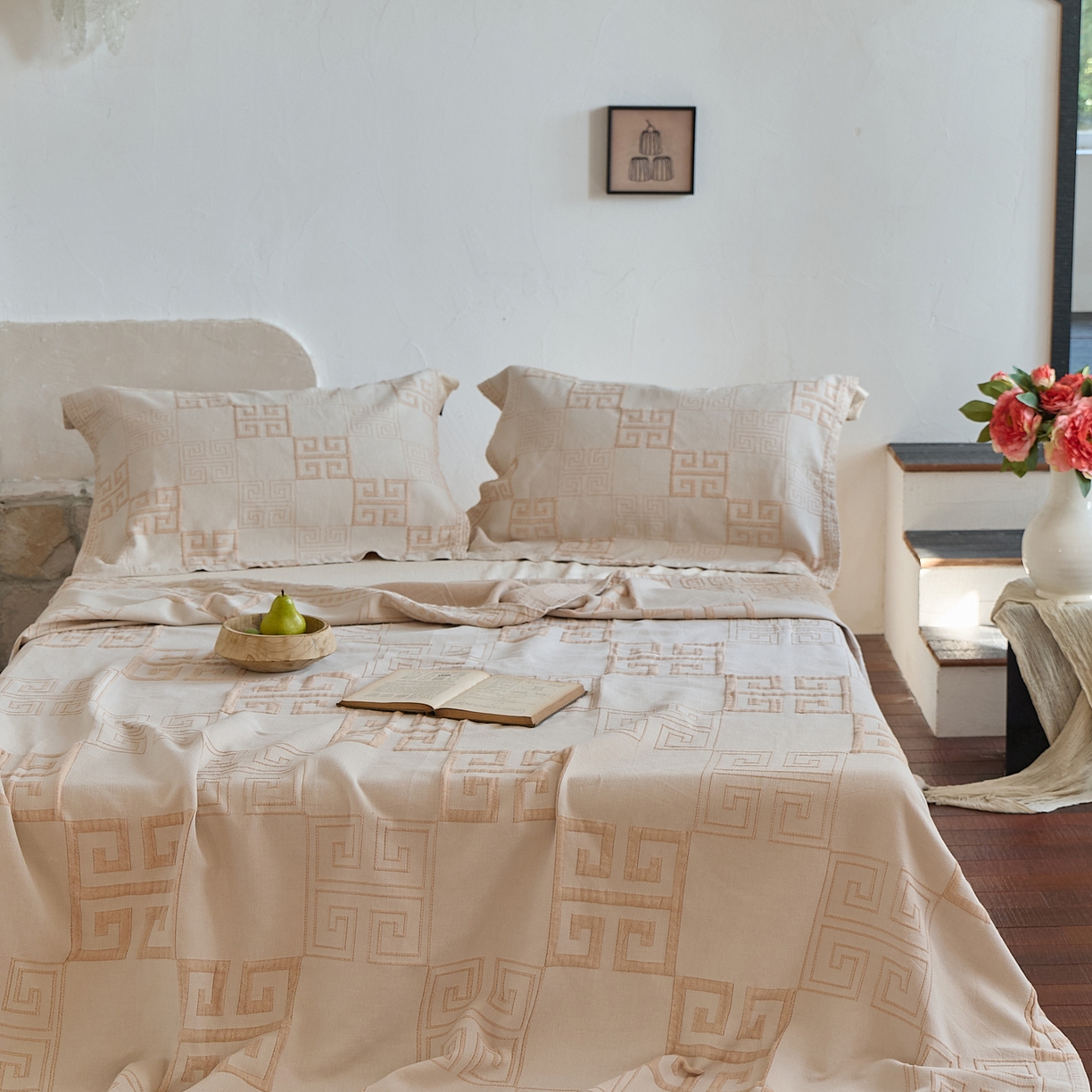 91家纺网 家纺一手货源 找家纺 沐瑟家纺 2025新款全棉纱布双层纱床盖三件套床盖 纪梵希咖色