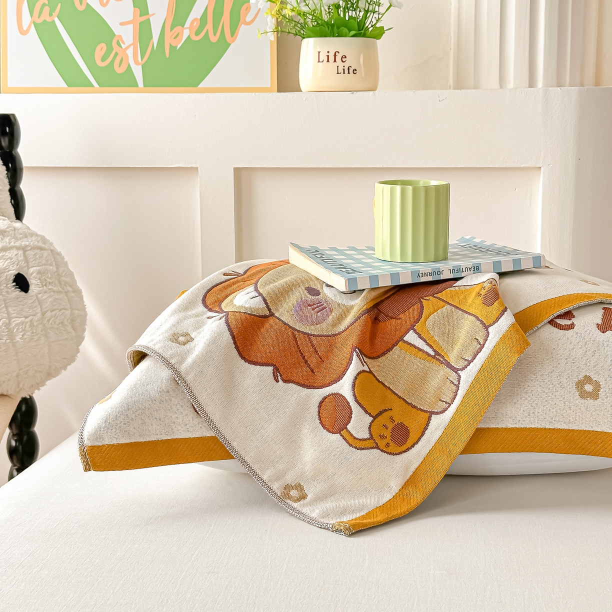 91家纺网 家纺一手货源 找家纺 沐瑟家纺 2025新款绵柔儿童纯棉纱布儿童枕巾 小狮子