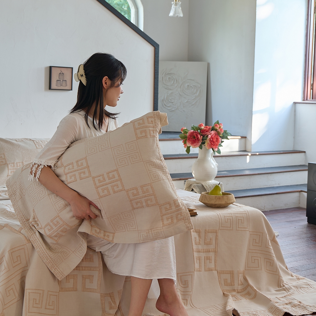 91家纺网 家纺一手货源 找家纺 沐瑟家纺 2025新款全棉纱布双层纱床盖三件套床盖 纪梵希咖色