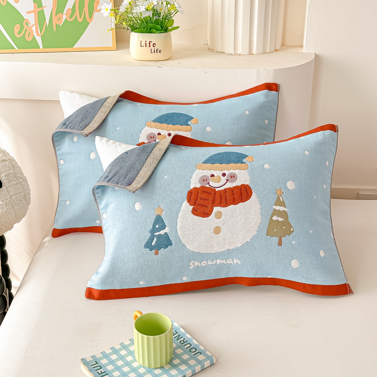 沐瑟家纺 2025新款绵柔儿童纯棉纱布儿童枕巾 小雪人