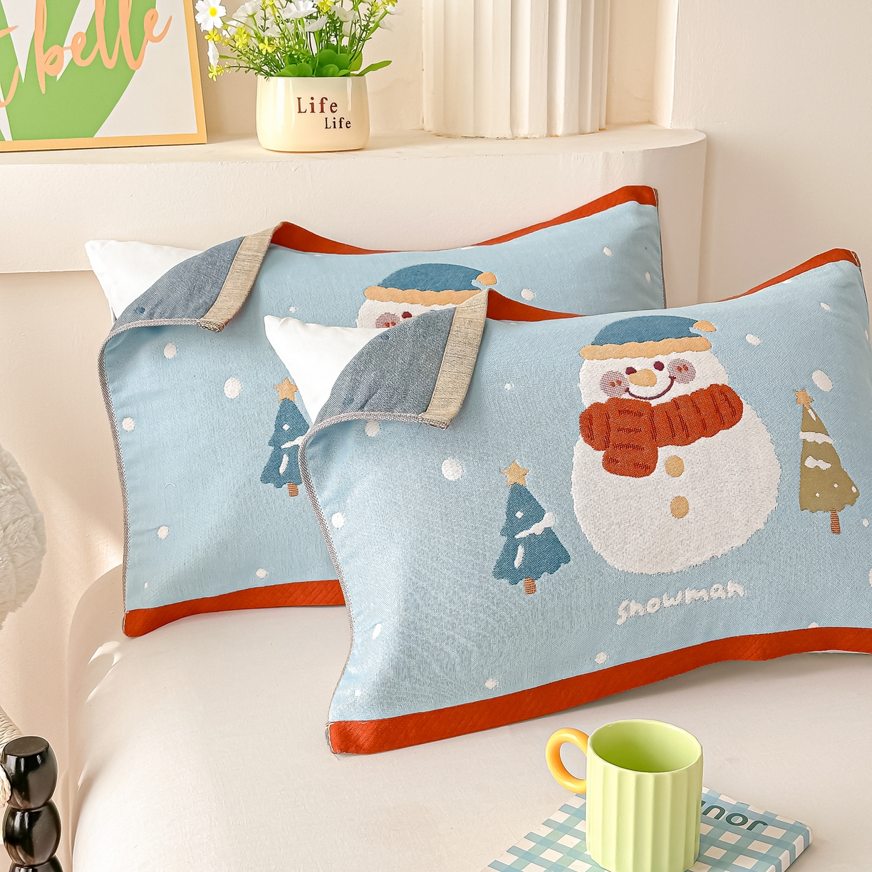 91家纺网 家纺一手货源 找家纺 沐瑟家纺 2025新款绵柔儿童纯棉纱布儿童枕巾 小雪人