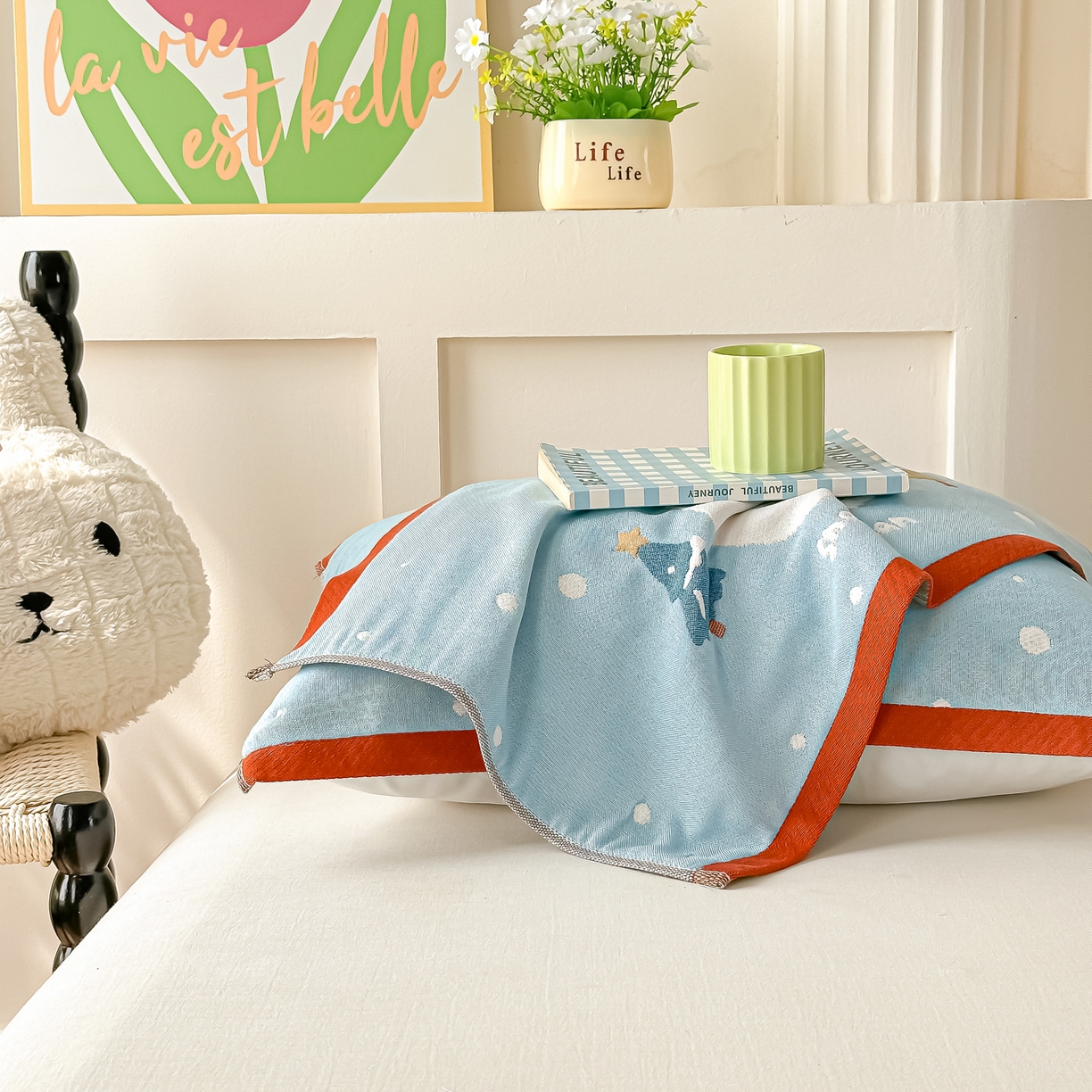 91家纺网 家纺一手货源 找家纺 沐瑟家纺 2025新款绵柔儿童纯棉纱布儿童枕巾 小雪人