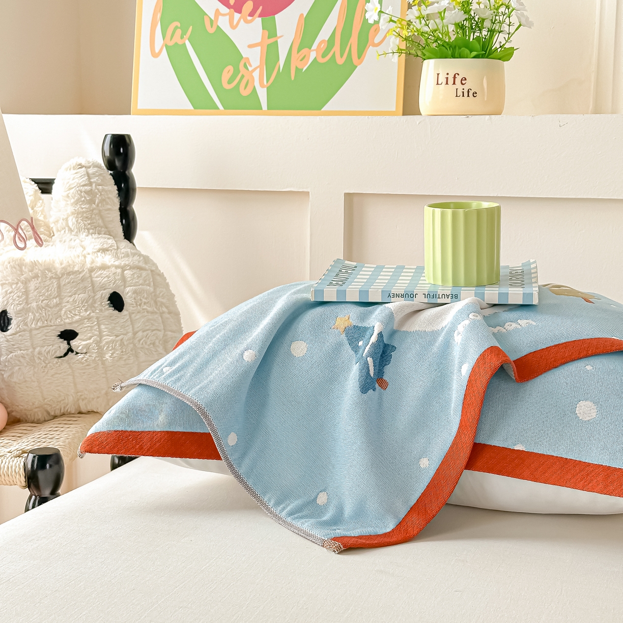 91家纺网 家纺一手货源 找家纺 沐瑟家纺 2025新款绵柔儿童纯棉纱布儿童枕巾 小雪人