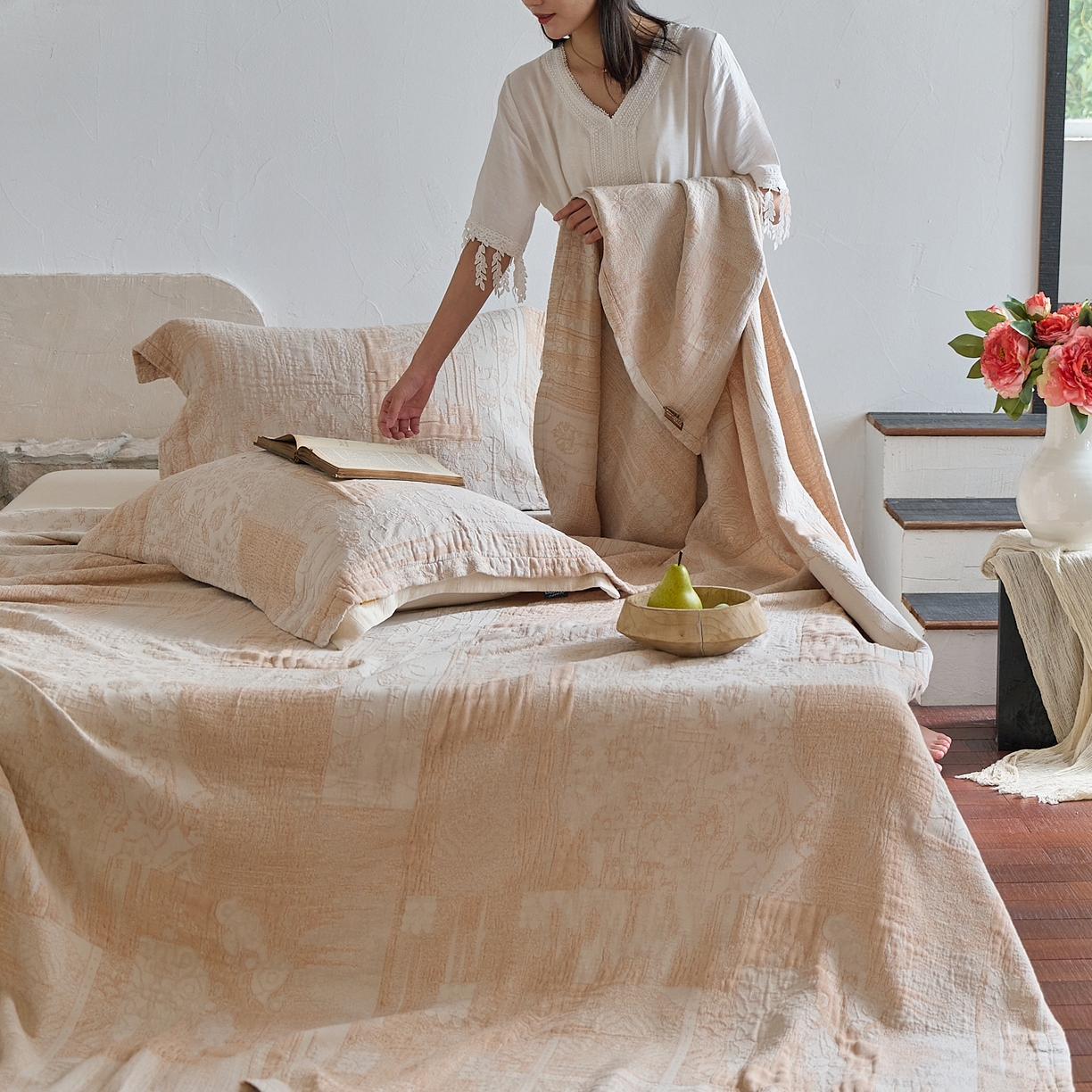 沐瑟家纺 2025新款全棉纱布双层纱床盖三件套床盖 乱世咖色