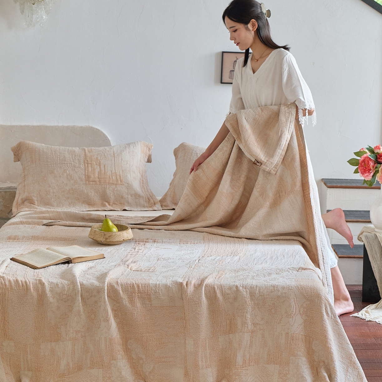 91家纺网 家纺一手货源 找家纺 沐瑟家纺 2025新款全棉纱布双层纱床盖三件套床盖 乱世咖色