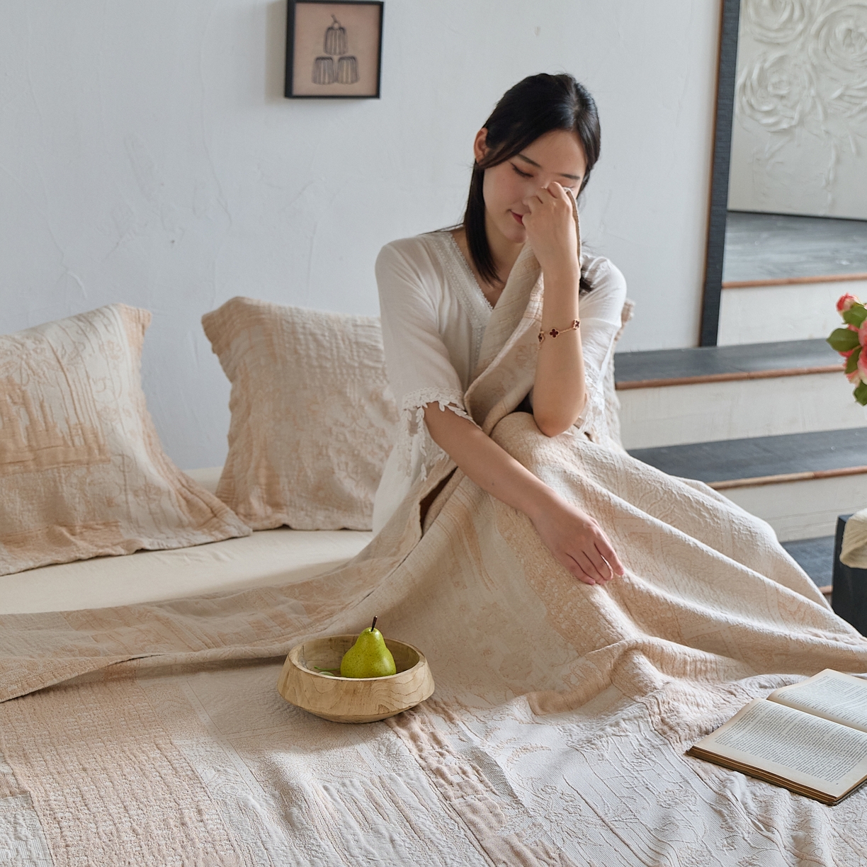 91家纺网 家纺一手货源 找家纺 沐瑟家纺 2025新款全棉纱布双层纱床盖三件套床盖 乱世咖色