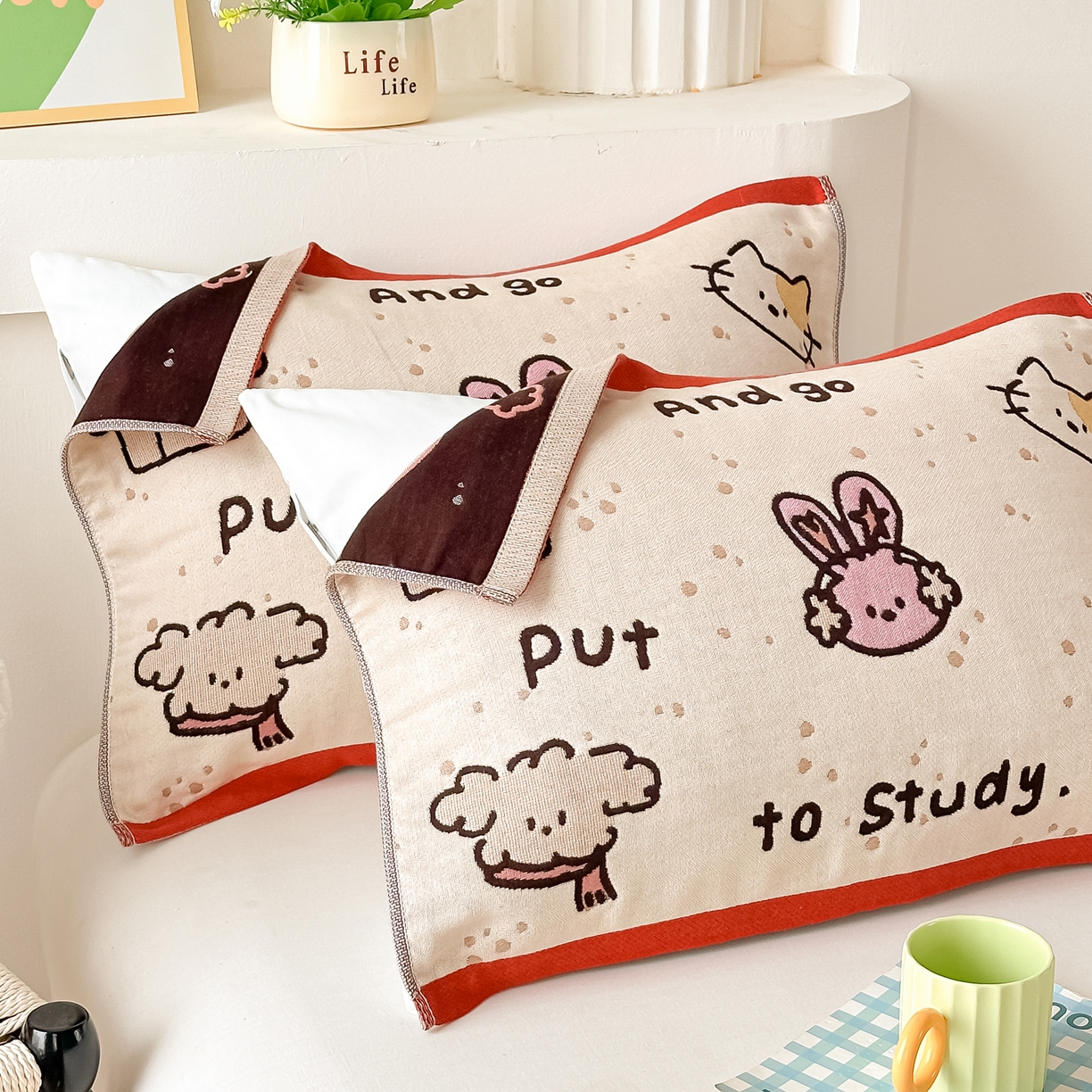 91家纺网 家纺一手货源 找家纺 沐瑟家纺 2025新款绵柔儿童纯棉纱布儿童枕巾 ins风