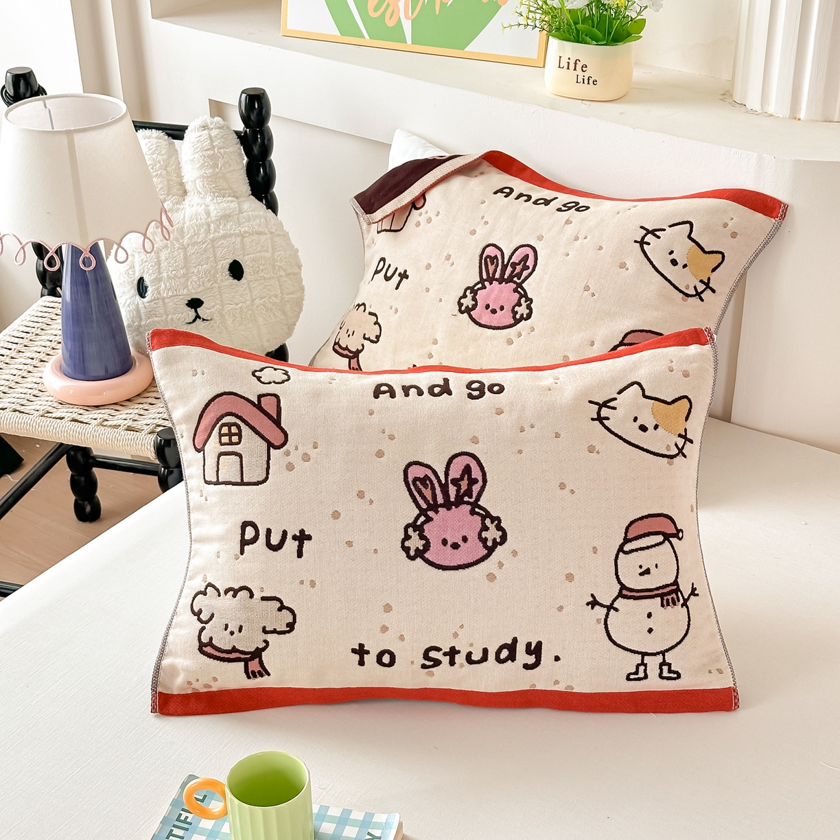 91家纺网 家纺一手货源 找家纺 沐瑟家纺 2025新款绵柔儿童纯棉纱布儿童枕巾 ins风