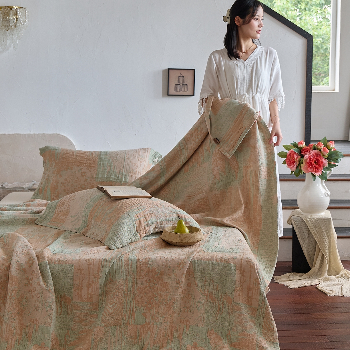 91家纺网 家纺一手货源 找家纺 沐瑟家纺 2025新款全棉纱布双层纱床盖三件套床盖 乱世绿色