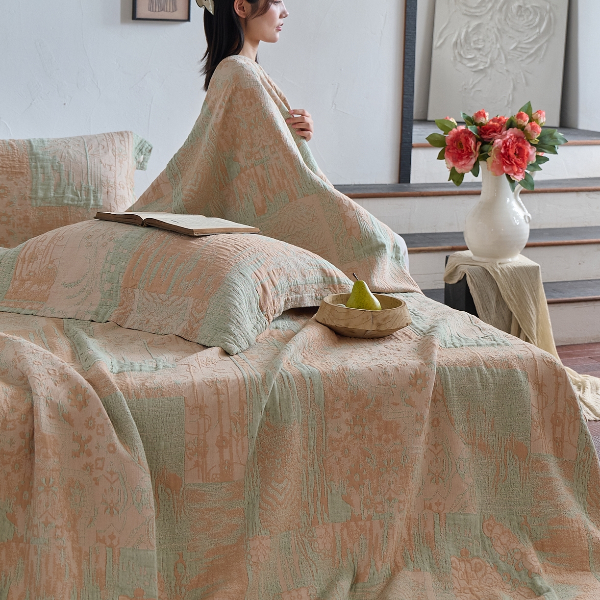 91家纺网 家纺一手货源 找家纺 沐瑟家纺 2025新款全棉纱布双层纱床盖三件套床盖 乱世绿色