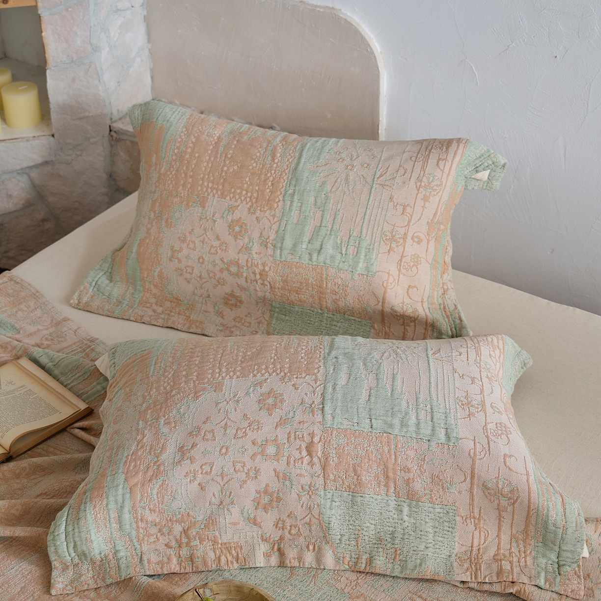 91家纺网 家纺一手货源 找家纺 沐瑟家纺 2025新款全棉纱布双层纱床盖三件套床盖 乱世绿色