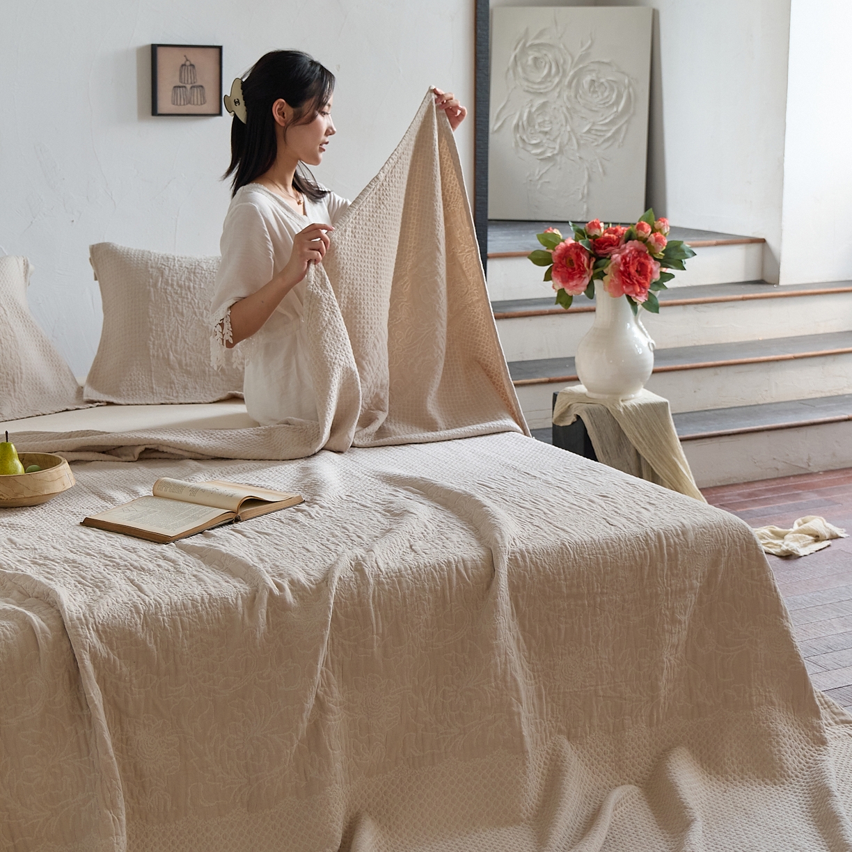 91家纺网 家纺一手货源 找家纺 沐瑟家纺 2025新款全棉纱布双层纱床盖三件套床盖 童话