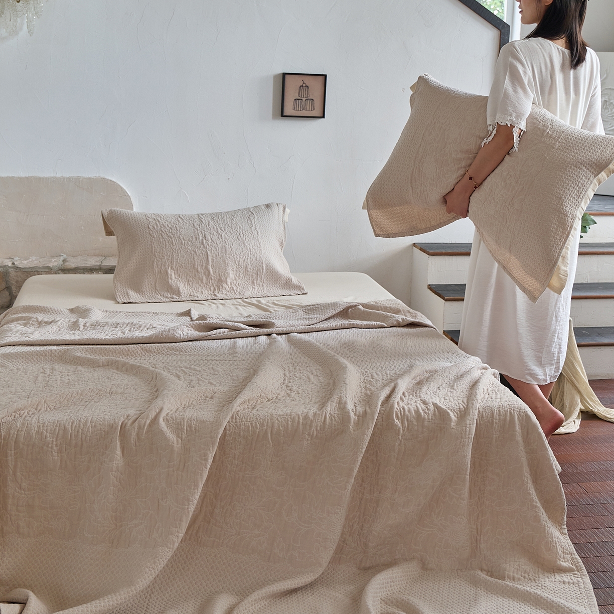 91家纺网 家纺一手货源 找家纺 沐瑟家纺 2025新款全棉纱布双层纱床盖三件套床盖 童话