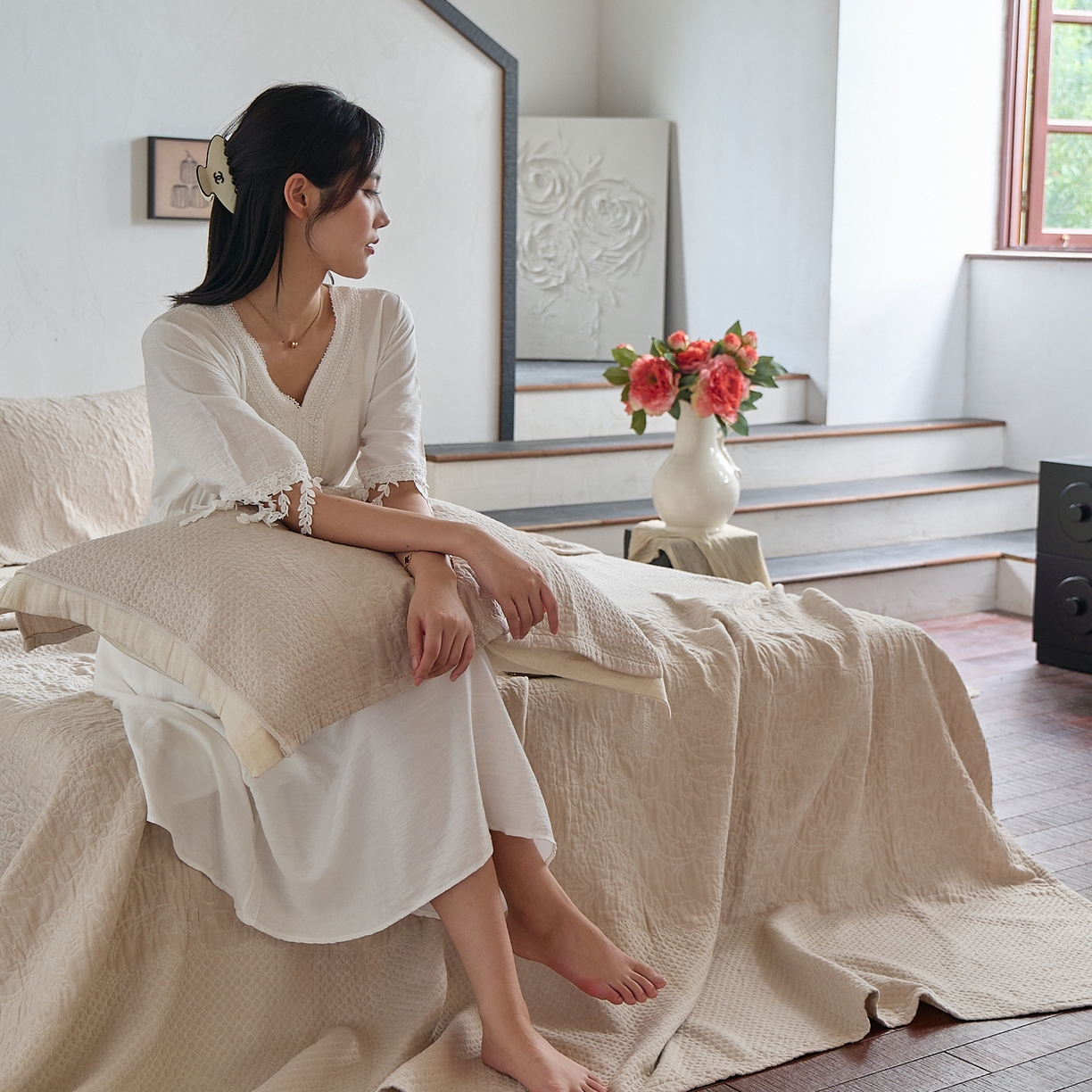 91家纺网 家纺一手货源 找家纺 沐瑟家纺 2025新款全棉纱布双层纱床盖三件套床盖 童话