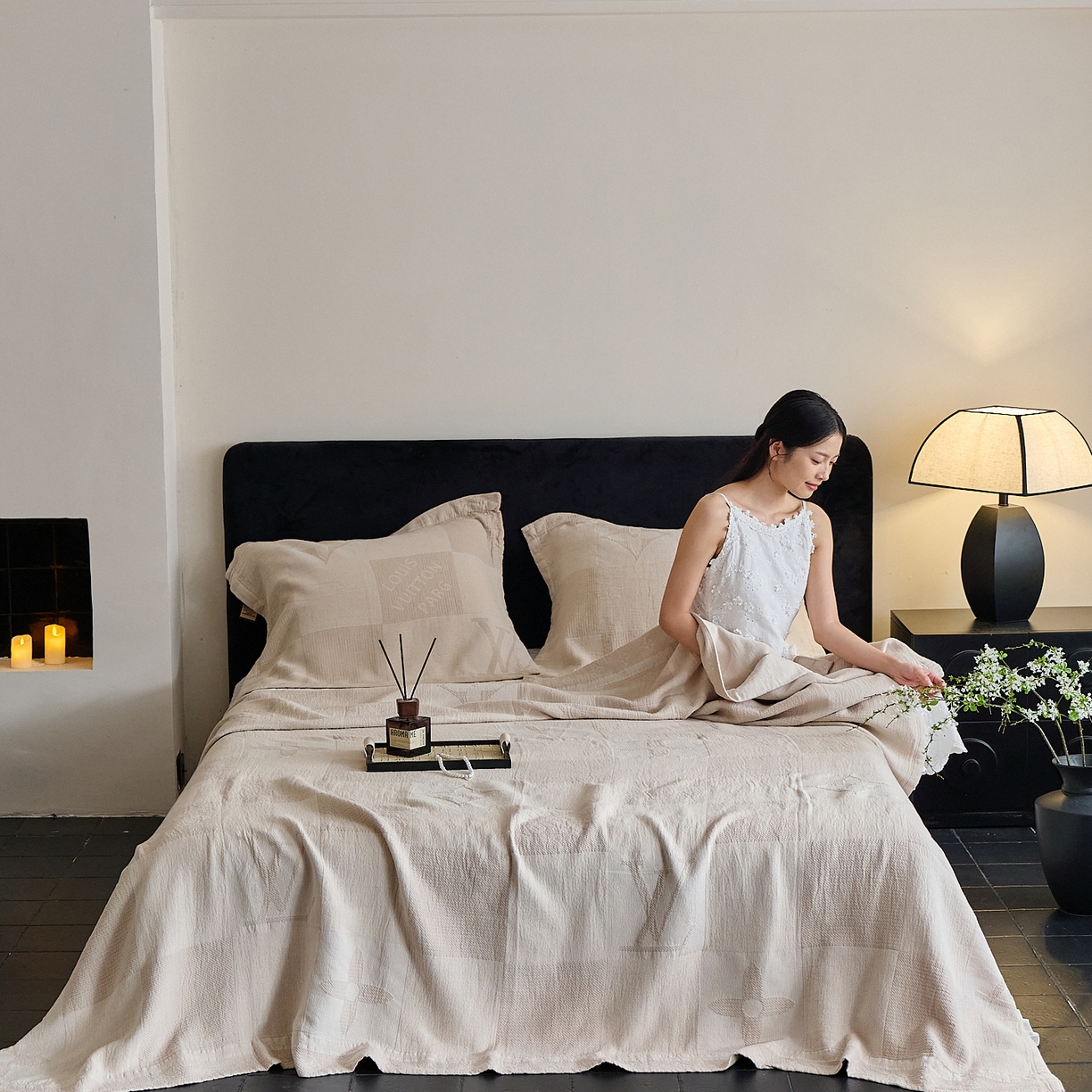 91家纺网 家纺一手货源 找家纺 沐瑟家纺 2025新款全棉纱布双层纱床盖三件套床盖 LV本色