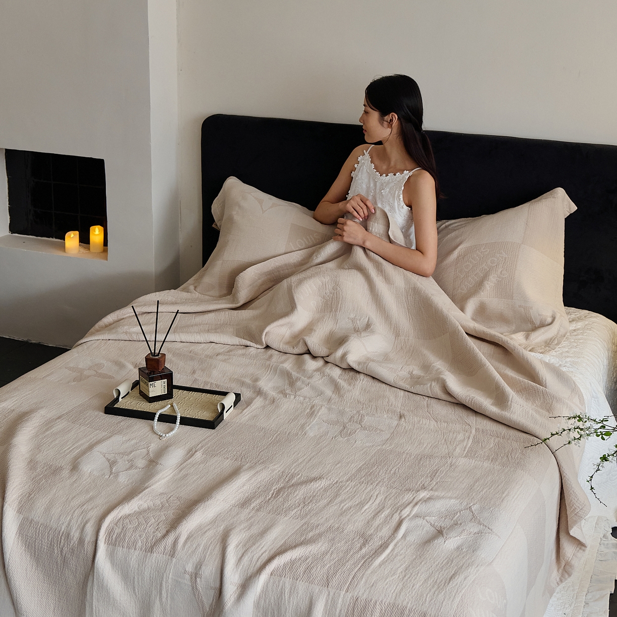 91家纺网 家纺一手货源 找家纺 沐瑟家纺 2025新款全棉纱布双层纱床盖三件套床盖 LV本色