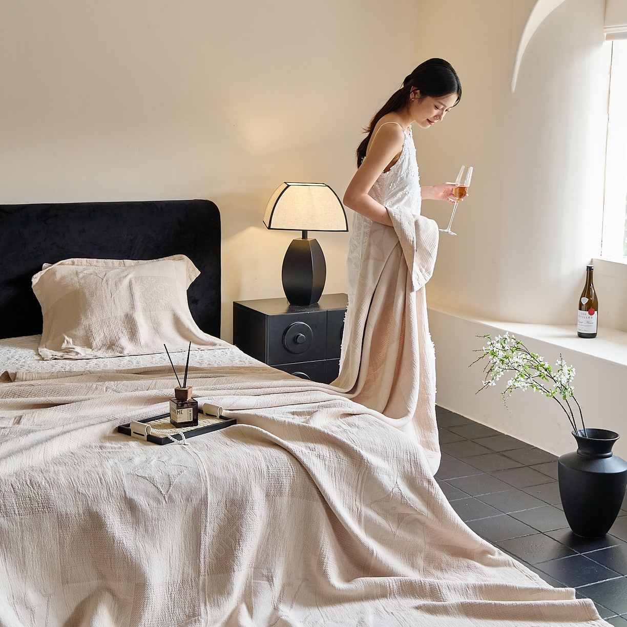 91家纺网 家纺一手货源 找家纺 沐瑟家纺 2025新款全棉纱布双层纱床盖三件套床盖 LV本色