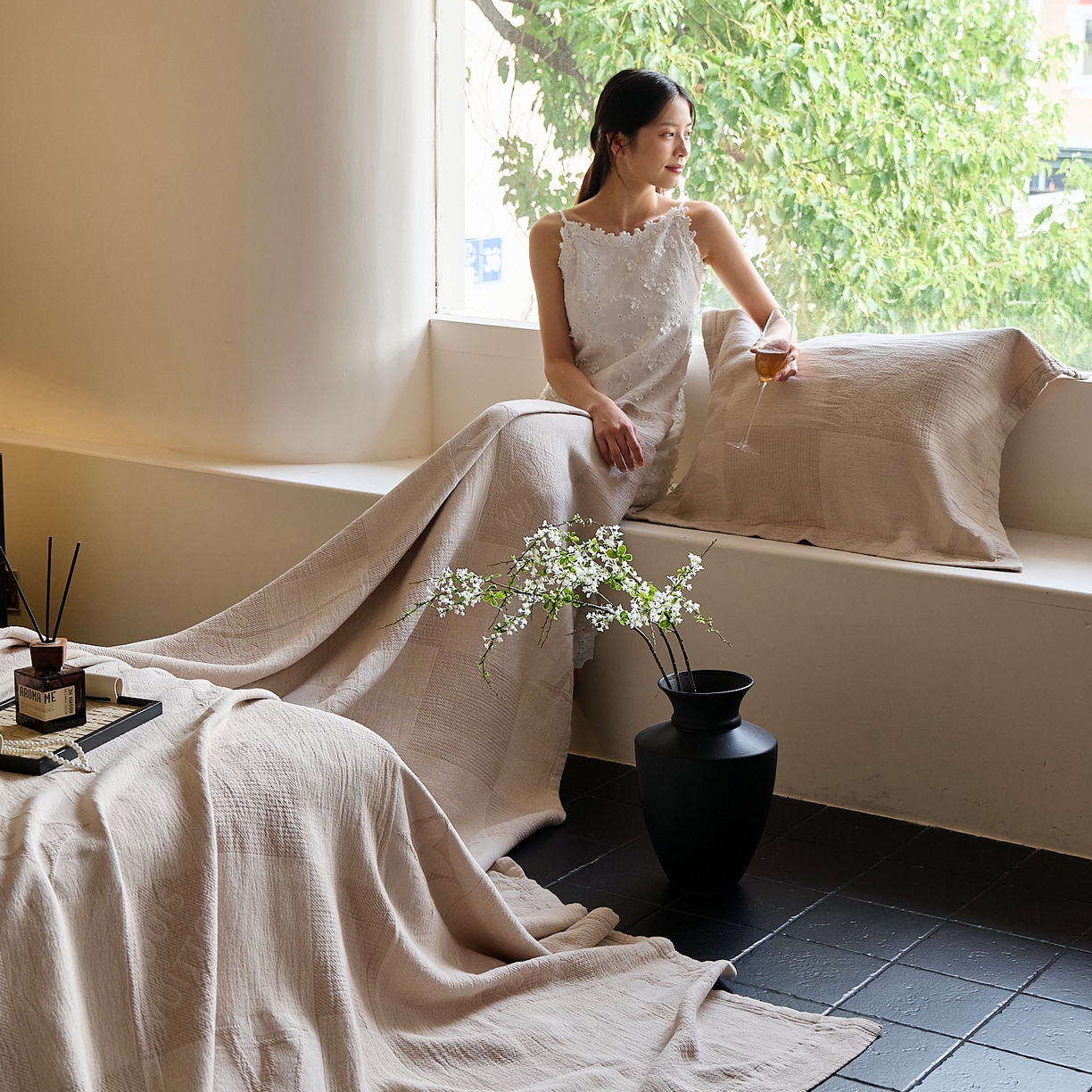 91家纺网 家纺一手货源 找家纺 沐瑟家纺 2025新款全棉纱布双层纱床盖三件套床盖 LV本色