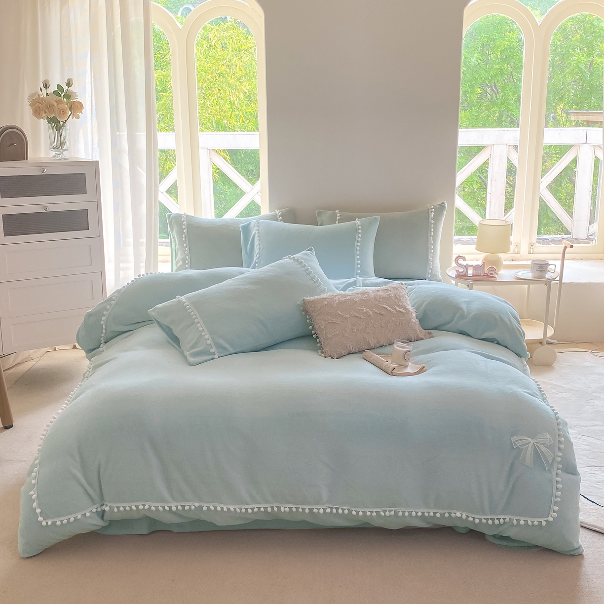 91家纺网 家纺一手货源 找家纺 二八年华 2025新款小毛球牛奶绒四件套 天蓝