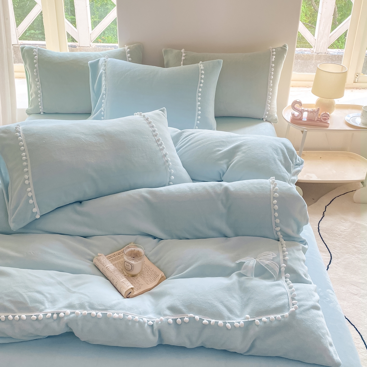 91家纺网 家纺一手货源 找家纺 二八年华 2025新款小毛球牛奶绒四件套 天蓝