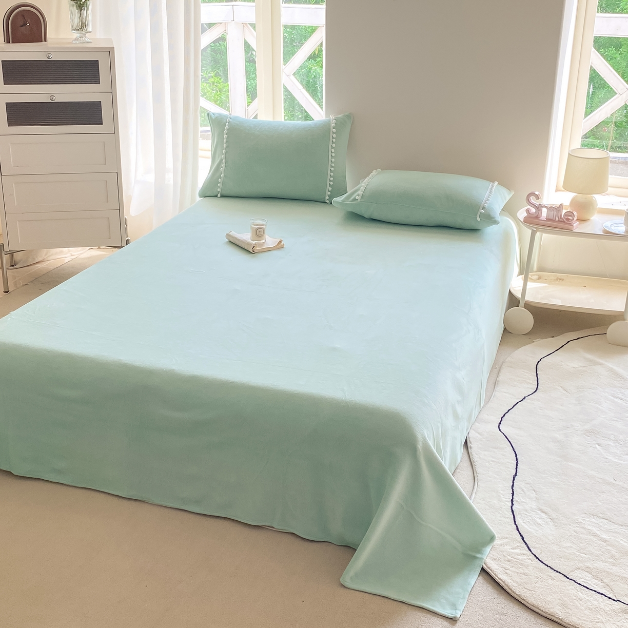 91家纺网 家纺一手货源 找家纺 二八年华 2025新款小毛球牛奶绒四件套 水绿