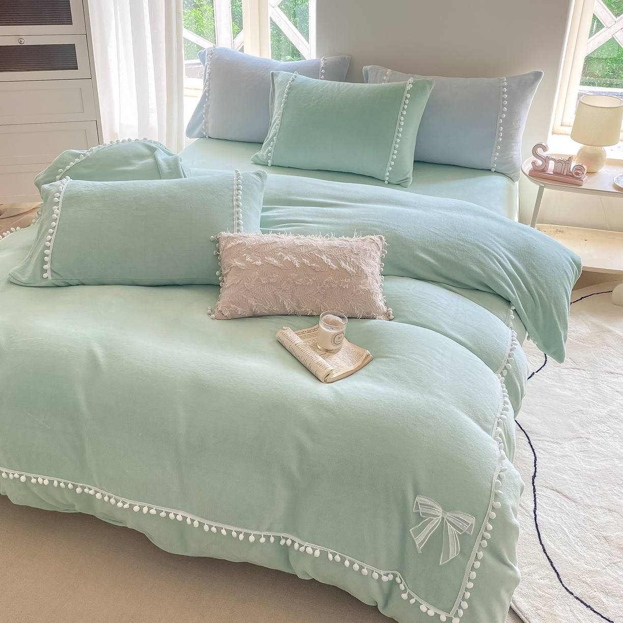 91家纺网 家纺一手货源 找家纺 二八年华 2025新款小毛球牛奶绒四件套 水绿