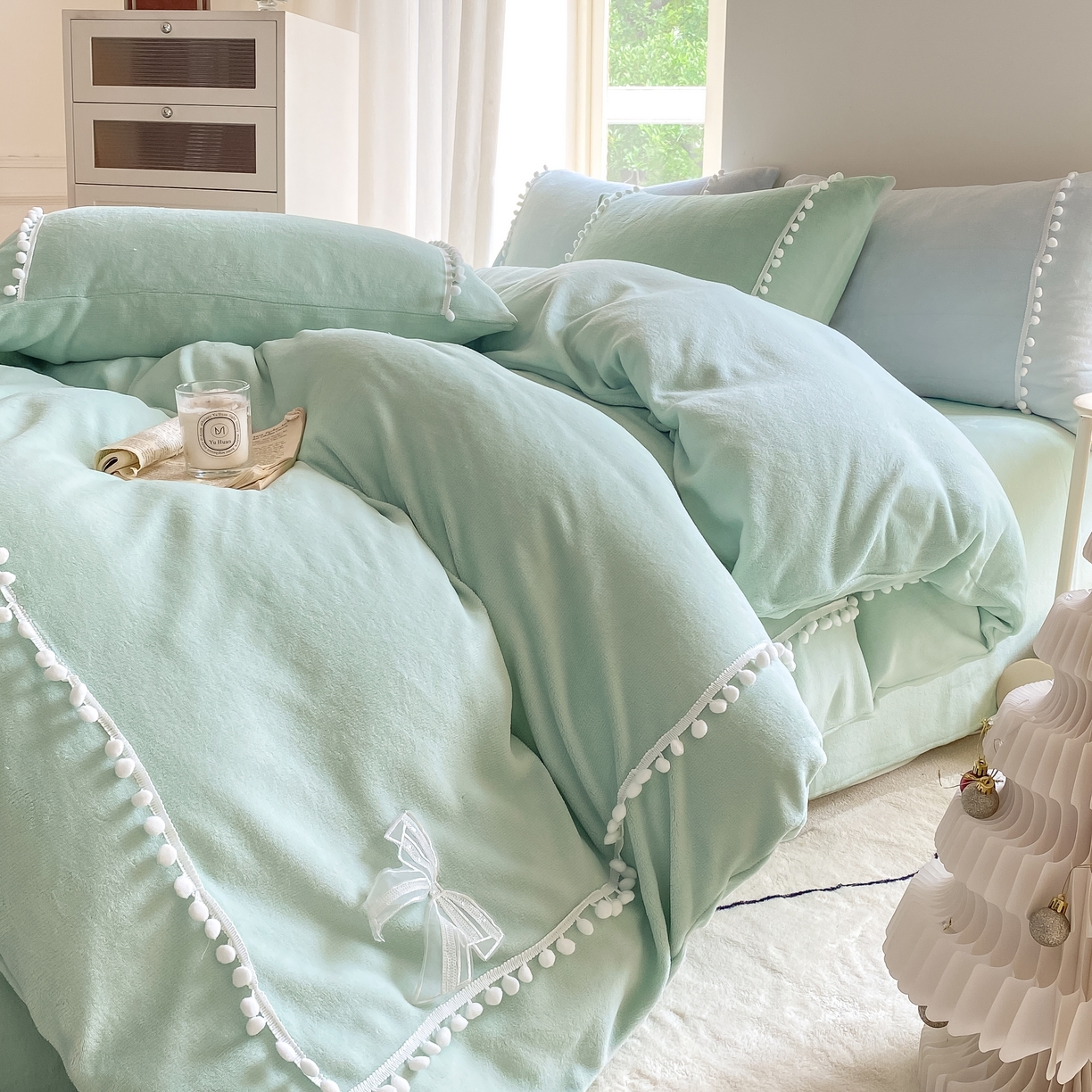 91家纺网 家纺一手货源 找家纺 二八年华 2025新款小毛球牛奶绒四件套 水绿