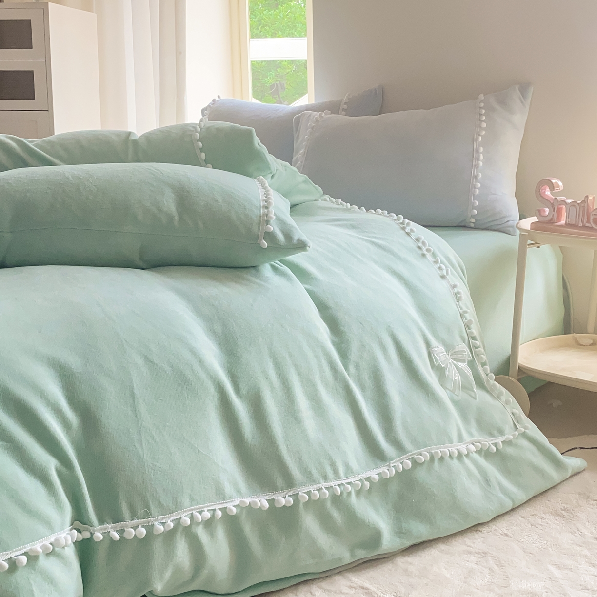 91家纺网 家纺一手货源 找家纺 二八年华 2025新款小毛球牛奶绒四件套 水绿