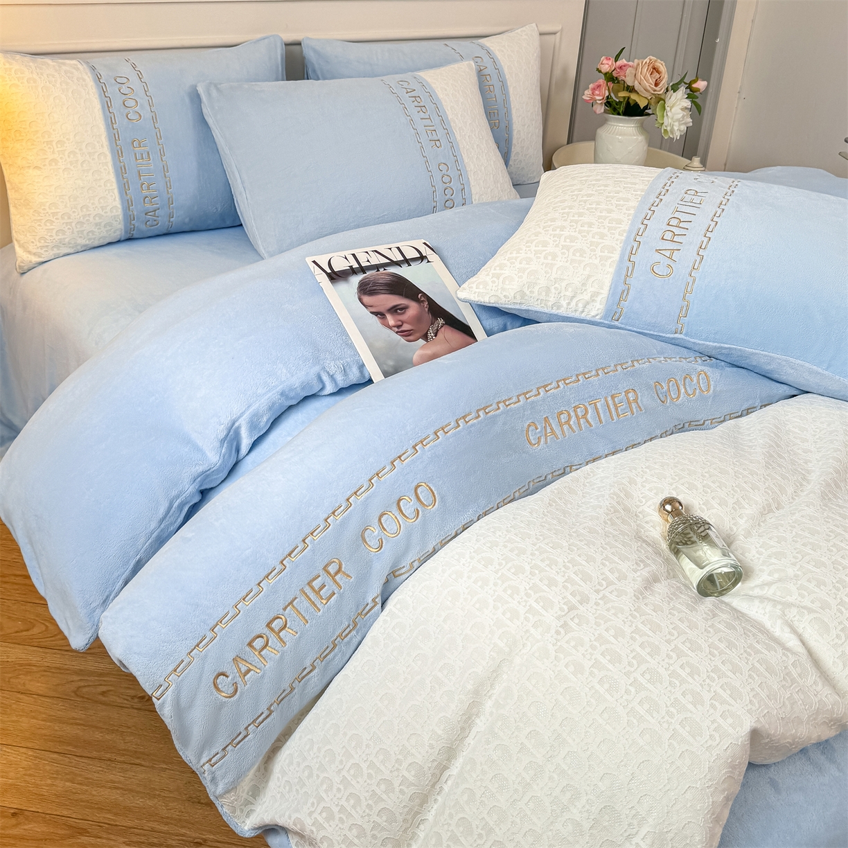 91家纺网 家纺一手货源 找家纺 灰鲸 2025新款牛奶绒拼接刺绣雕花套件-露娜 露娜-繁星蓝