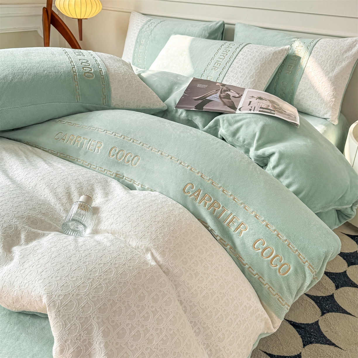 灰鲸 2025新款牛奶绒拼接刺绣雕花套件-露娜 露娜-抹茶绿